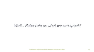 10Undermining Diagnostics Services: Bypassing UDS Security Checks
Wait… Peter told us what we can speak!
 