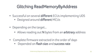 30Undermining Diagnostics Services: Bypassing UDS Security Checks
Glitching ReadMemoryByAddress
• Successful on several different ECUs implementing UDS
• Designed around different MCUs
• Depending on the target…
• Allows reading out N bytes from an arbitrary address
• Complete firmware extracted in the order of days
• Depended on flash size and success rate
 