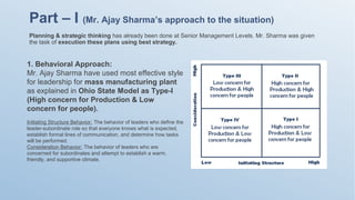 Part – I (Mr. Ajay Sharma’s approach to the situation)
Planning & strategic thinking has already been done at Senior Management Levels. Mr. Sharma was given
the task of execution these plans using best strategy.
1. Behavioral Approach:
Mr. Ajay Sharma have used most effective style
for leadership for mass manufacturing plant
as explained in Ohio State Model as Type-I
(High concern for Production & Low
concern for people).
Initiating Structure Behavior: The behavior of leaders who define the
leader-subordinate role so that everyone knows what is expected,
establish formal lines of communication, and determine how tasks
will be performed.
Consideration Behavior: The behavior of leaders who are
concerned for subordinates and attempt to establish a warm,
friendly, and supportive climate.
 