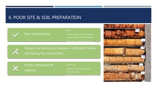 6. POOR SITE & SOIL PREPARATION
Poor workmanship
Over excavate corners to put concrete
pier in
Excess concrete makes foundation
heavier causing heavier settlement
Unless the pier reach to rock layer
Require soil testing and engineer certification before
and during the construction
Poorly compacted fill
material
Extreme volume changes settlement
Type of soil
•Soft & low-density soil is not
recommended
•Not allow water seep under foundation
 