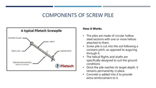 COMPONENTS OF SCREW PILE
How it Works
• The piles are made of circular hollow
steel sections with one or more helices
attached to them.
• Screw pile is cut into the soil following a
constant pitch, as opposed to auguring
through it.
• The helical flights and shafts are
specifically designed to suit the ground
conditions
• Once the pile reaches its target depth, it
remains permanently in place.
• Concrete is added into it to provide
extra reinforcement to it.
 