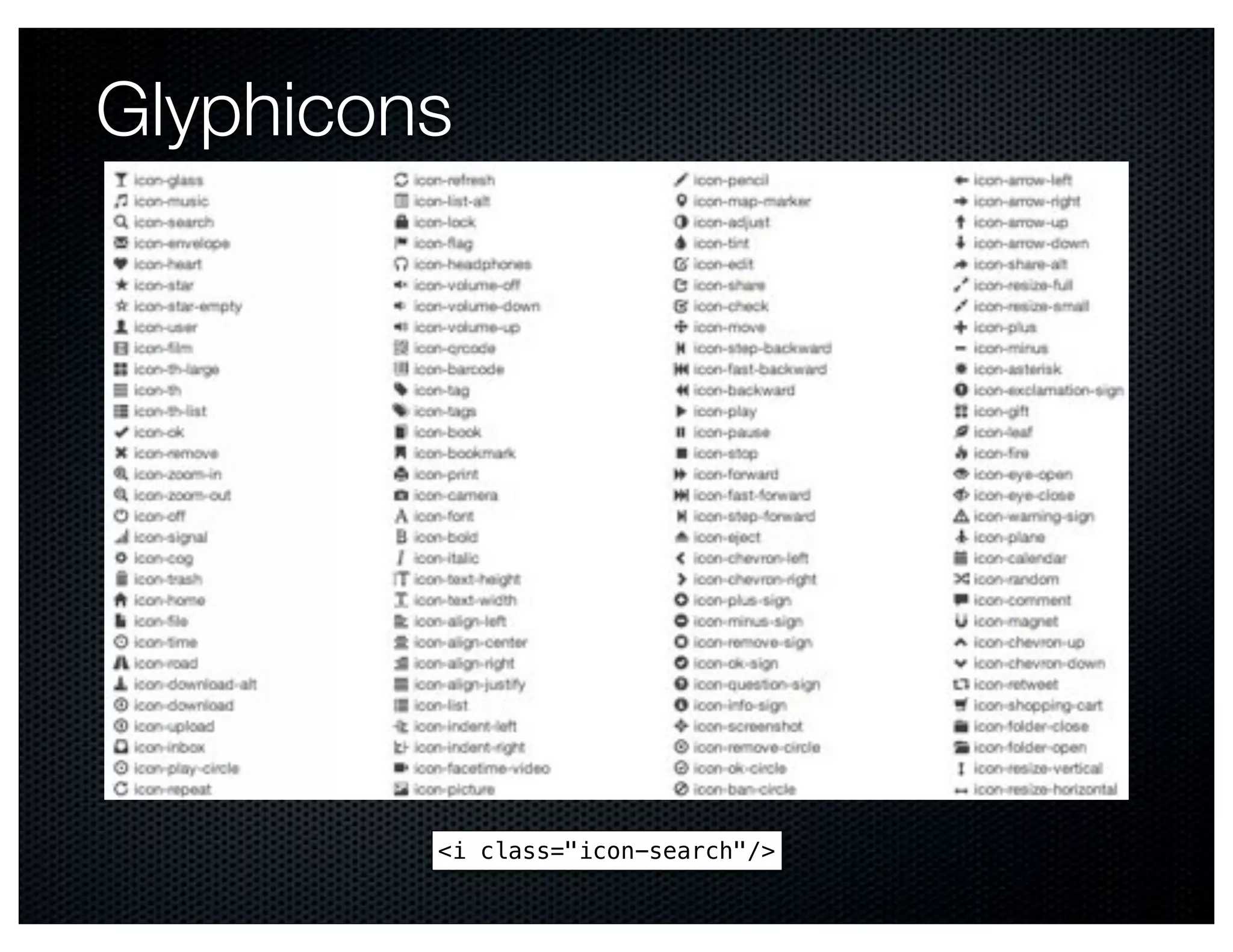 Glyphicons




         <i class="icon-search"/>
 