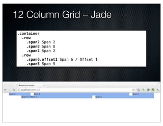 12 Column Grid – Jade
.container
  .row
    .span2 Span 2
    .span8 Span 8
    .span2 Span 2
  .row
    .span6.offset1 Span 6 / Offset 1
    .span5 Span 5
 