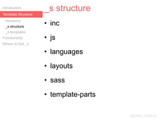 Template Structure
Introduction
_s structure
Hierarchy
_s structure
_s templates
@jason_yingling
Functionality
Where to Ge...