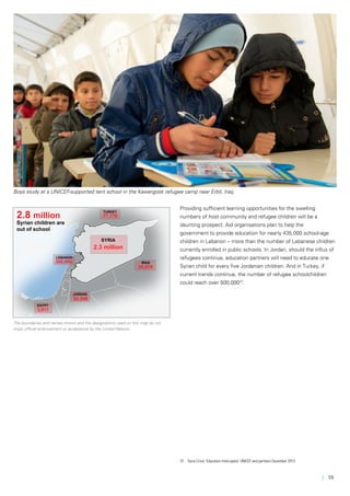 | 15
Providing sufficient learning opportunities for the swelling
numbers of host community and refugee children will be a
daunting prospect. Aid organisations plan to help the
government to provide education for nearly 435,000 school-age
children in Lebanon – more than the number of Lebanese children
currently enrolled in public schools. In Jordan, should the influx of
refugees continue, education partners will need to educate one
Syrian child for every five Jordanian children. And in Turkey, if
current trends continue, the number of refugee schoolchildren
could reach over 500,00037
.
37	 Syria Crisis: Education Interrupted. UNICEF and partners December 2013
2.3 million
25,519
92,598
300,000
3,911
77,770
IRAQ
JORDAN
SYRIA
TURKEY
EGYPT
LEBANON
2.8 million
Syrian children are
out of school
@UNICEF/Iraq2013/Noorani
Boys study at a UNICEF-supported tent school in the Kawergosk refugee camp near Erbil, Iraq.
The boundaries and names shown and the designations used on this map do not
imply official endorsement or acceptance by the United Nations.
 