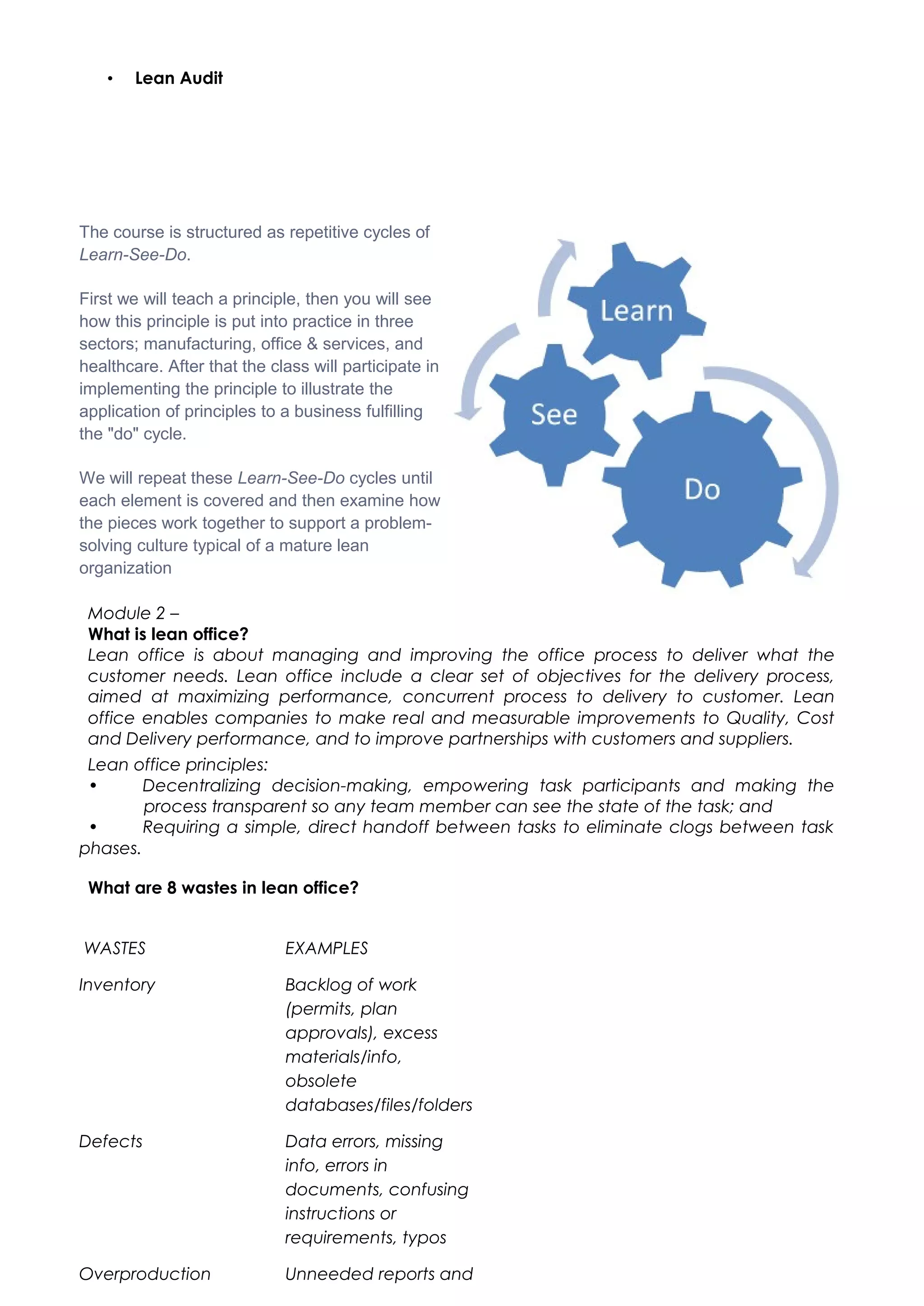 • Lean Audit
The course is structured as repetitive cycles of
Learn-See-Do.
First we will teach a principle, then you will see
how this principle is put into practice in three
sectors; manufacturing, office & services, and
healthcare. After that the class will participate in
implementing the principle to illustrate the
application of principles to a business fulfilling
the "do" cycle.
We will repeat these Learn-See-Do cycles until
each element is covered and then examine how
the pieces work together to support a problem-
solving culture typical of a mature lean
organization
Module 2 –
What is lean office?
Lean office is about managing and improving the office process to deliver what the
customer needs. Lean office include a clear set of objectives for the delivery process,
aimed at maximizing performance, concurrent process to delivery to customer. Lean
office enables companies to make real and measurable improvements to Quality, Cost
and Delivery performance, and to improve partnerships with customers and suppliers.
Lean office principles:
• Decentralizing decision-making, empowering task participants and making the
process transparent so any team member can see the state of the task; and
• Requiring a simple, direct handoff between tasks to eliminate clogs between task
phases.
What are 8 wastes in lean office?
WASTES EXAMPLES
Inventory Backlog of work
(permits, plan
approvals), excess
materials/info,
obsolete
databases/files/folders
Defects Data errors, missing
info, errors in
documents, confusing
instructions or
requirements, typos
Overproduction Unneeded reports and
 