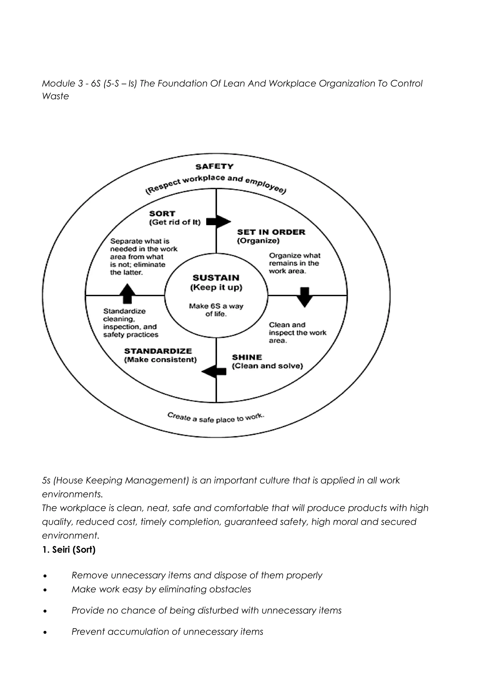 Module 3 - 6S (5-S – Is) The Foundation Of Lean And Workplace Organization To Control
Waste
5s (House Keeping Management) is an important culture that is applied in all work
environments.
The workplace is clean, neat, safe and comfortable that will produce products with high
quality, reduced cost, timely completion, guaranteed safety, high moral and secured
environment.
1. Seiri (Sort)
• Remove unnecessary items and dispose of them properly
• Make work easy by eliminating obstacles
• Provide no chance of being disturbed with unnecessary items
• Prevent accumulation of unnecessary items
 