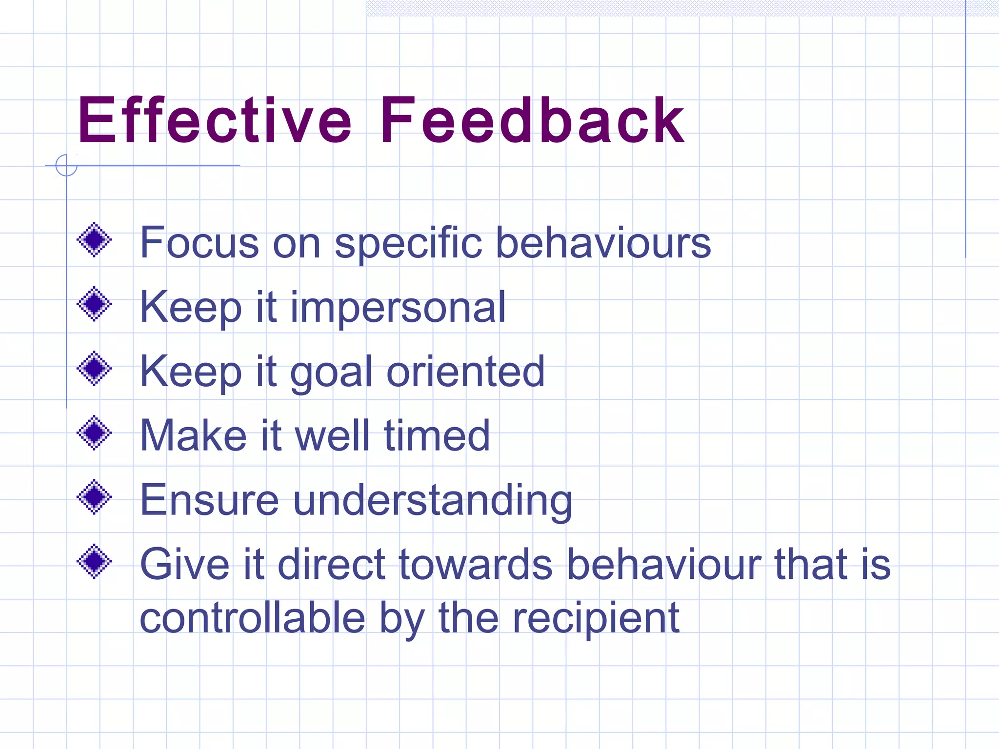 Effective Feedback
Focus on specific behaviours
Keep it impersonal
Keep it goal oriented
Make it well timed
Ensure understanding
Give it direct towards behaviour that is
controllable by the recipient
 
