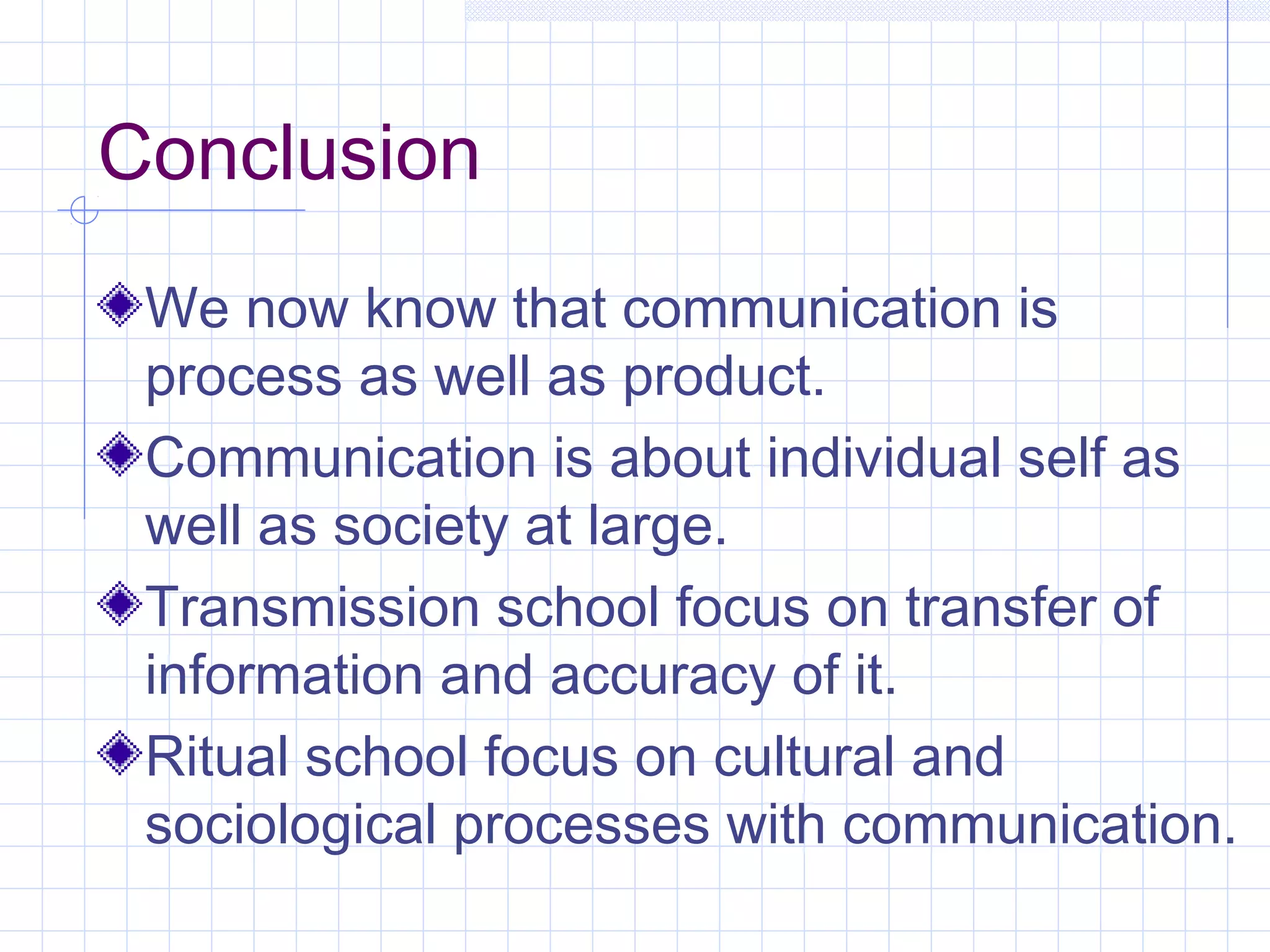 Conclusion
We now know that communication is
process as well as product.
Communication is about individual self as
well as society at large.
Transmission school focus on transfer of
information and accuracy of it.
Ritual school focus on cultural and
sociological processes with communication.
 