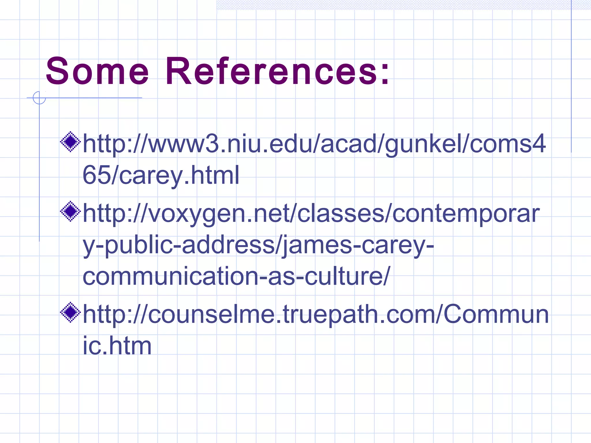 Some References:
http://www3.niu.edu/acad/gunkel/coms4
65/carey.html
http://voxygen.net/classes/contemporar
y-public-address/james-carey-
communication-as-culture/
http://counselme.truepath.com/Commun
ic.htm
 