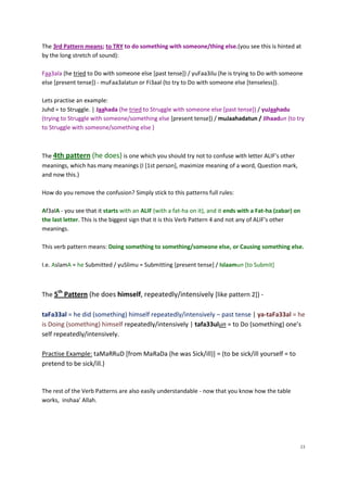 The 3rd Pattern means; to TRY to do something with someone/thing else.(you see this is hinted at
by the long stretch of sound):

Faa3ala (he tried to Do with someone else [past tense]) / yuFaa3ilu (he is trying to Do with someone
else [present tense]) - muFaa3alatun or Fi3aal (to try to Do with someone else [tenseless]).

Lets practise an example:
Juhd = to Struggle. | Jaahada (he tried to Struggle with someone else [past tense]) / yuJaahadu
(trying to Struggle with someone/something else [present tense]) / muJaahadatun / Jihaadun (to try
to Struggle with someone/something else )



The 4th pattern (he does) is one which you should try not to confuse with letter ALIF's other
meanings, which has many meanings (I [1st person], maximize meaning of a word, Question mark,
and now this.)

How do you remove the confusion? Simply stick to this patterns full rules:

Af3alA - you see that it starts with an ALIF (with a fat-ha on it), and it ends with a Fat-ha (zabar) on
the last letter. This is the biggest sign that it is this Verb Pattern 4 and not any of ALIF's other
meanings.

This verb pattern means: Doing something to something/someone else, or Causing something else.

I.e. AslamA = he Submitted / yuSlimu = Submitting [present tense] / Islaamun [to Submit]



The 5th Pattern (he does himself, repeatedly/intensively [like pattern 2]) -

taFa33al = he did (something) himself repeatedly/intensively – past tense | ya-taFa33al = he
is Doing (something) himself repeatedly/intensively | tafa33ulun = to Do (something) one’s
self repeatedly/intensively.

Practise Example: taMaRRuD [from MaRaDa (he was Sick/ill)] = (to be sick/ill yourself = to
pretend to be sick/ill.)


The rest of the Verb Patterns are also easily understandable - now that you know how the table
works, inshaa’ Allah.




                                                                                                       23
 