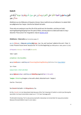 Study #5:


ََِ‫الَّذينَ َيَستَحبونَ َالحيَاةََالدنيَاََلَىَاْلخر َََََََص ََنَََََنَسبيلََّللاَََِبغوَهَاََوجًاََۚأَُ َٰلَِِكََف‬
                       َ ِ َ‫َ ِ ِ ه َ يَ ْ ُ ن‬          ‫ْ ِ َ ة ي ُد‬
                                                                 ِ          َ ْ            َ ْ         ْ
 ‫َ َ ل ِ يد‬
 َ ‫َِل ََبَع‬
 Alladheena ya-sta-Hibbuwna al-Hayaata al-dunya ‘alaa al aakhirati wa ya-Sudduwna ‘an sabeel-illahi
 wa yaBghuwna-haa ‘iwajan. Ulaa’ika fee Dalaalin ba’eedin.

 Those who are seeking to Love the Life of the world over the Hereafter, and they are Sudd -
 Averting/Repelling/Stopping from the path of Allah, and they desire to rebel (and make it) ‘iwaj –
 distorted. Those (are) in far misguidance. (Quran Ibrahim 14:3)



 Alladheena – those who (see Connectives page p.7)

 ya-sta-Hibbuwn. = they are seeking (to) Love. [ya = he, and ‘oon/uwn’ added at the end = ‘they’. It
 is also ‘Present-Future tense’ because the ‘Ya’ is at the beginning (see VERB patterns table, pattern 5 p.24).]

 al Hayaata al-dunya = the Life (of) the world.

 ‘alaa = upon.

 al Aakhirat = the HereAfter.

 wa ya-Sudduwna = and they are Preventing/Averting/Blocking (definition from Hans Wehr)

 ‘an = From

 Sabeel-illahi = (Path [of] Allah

 wa ya-Bghuwna-haa = and they are Rebelling (against) her (= the path)

 ‘Iwajan = Distorting (imagine: a tree with a Bent, distorted trunk = ‘Iwajan.)

 Ulaa’ika = Those (are)



 fee Dalaalin ba’eedin = in Misguidance, Far.

 [in this, Dalaalin is in Jarr (kasra/zeyr) state because of the ‘Fee’ (meaning ‘In’) which is a harf al jar [forcing the
 word after it to have its last letters vowel as an ‘i ‘/’e’ (see I’rab page p25).

 The Ba’eedin (meaning: ‘Far’) is also pronounced with a Kasra/zeyr on its last letter for easy pronunciation
 (because the word before it was in a Jarr state.]


                                                                                                                       34
 