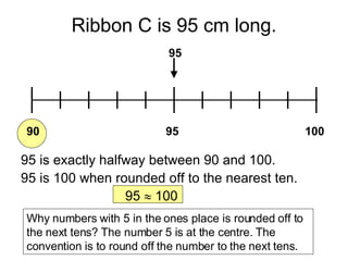Ribbon C is 95 cm long. 90 100 95 95 95 is exactly halfway between 90 and 100. 95 is 100 when rounded off to the nearest ten. 95    100 Why numbers with 5 in the ones place is rounded off to the next tens? The number 5 is at the centre. The convention is to round off the number to the next tens. 