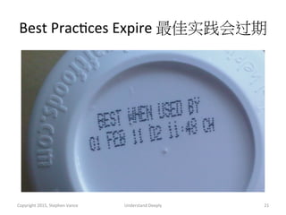 Best	
  PracAces	
  Expire	
  最佳实践会过期	
  
Copyright	
  2015,	
  Stephen	
  Vance	
   Understand	
  Deeply	
   21	
  
 