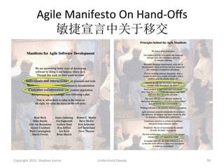 Agile	
  Manifesto	
  On	
  Hand-­‐Oﬀs	
  
敏捷宣言中关于移交	
  
Copyright	
  2015,	
  Stephen	
  Vance	
   Understand	
  Deeply	
   50	
  
 