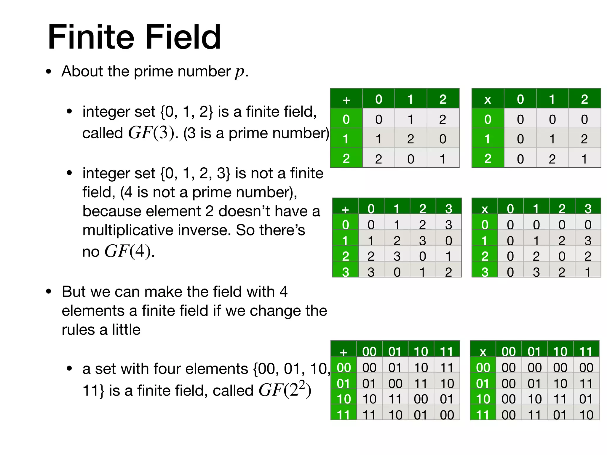 Finite Field
• About the prime number . 

• integer set {0, 1, 2} is a ﬁnite ﬁeld,
called . (3 is a prime number)

• integer set {0, 1, 2, 3} is not a ﬁnite
ﬁeld, (4 is not a prime number),
because element 2 doesn’t have a
multiplicative inverse. So there’s
no .

• But we can make the ﬁeld with 4
elements a ﬁnite ﬁeld if we change the
rules a little

• a set with four elements {00, 01, 10,
11} is a ﬁnite ﬁeld, called
p
GF(3)
GF(4)
GF(22
)
+ 0 1 2
0 0 1 2
1 1 2 0
2 2 0 1
x 0 1 2
0 0 0 0
1 0 1 2
2 0 2 1
+ 0 1 2 3
0 0 1 2 3
1 1 2 3 0
2 2 3 0 1
3 3 0 1 2
x 0 1 2 3
0 0 0 0 0
1 0 1 2 3
2 0 2 0 2
3 0 3 2 1
+ 00 01 10 11
00 00
 01 10 11
01 01 00 11 10
10 10 11 00 01
11 11 10 01 00
x 00 01 10 11
00 00 00 00 00
01 00 01 10 11
10 00 10 11 01
11 00 11 01 10
 