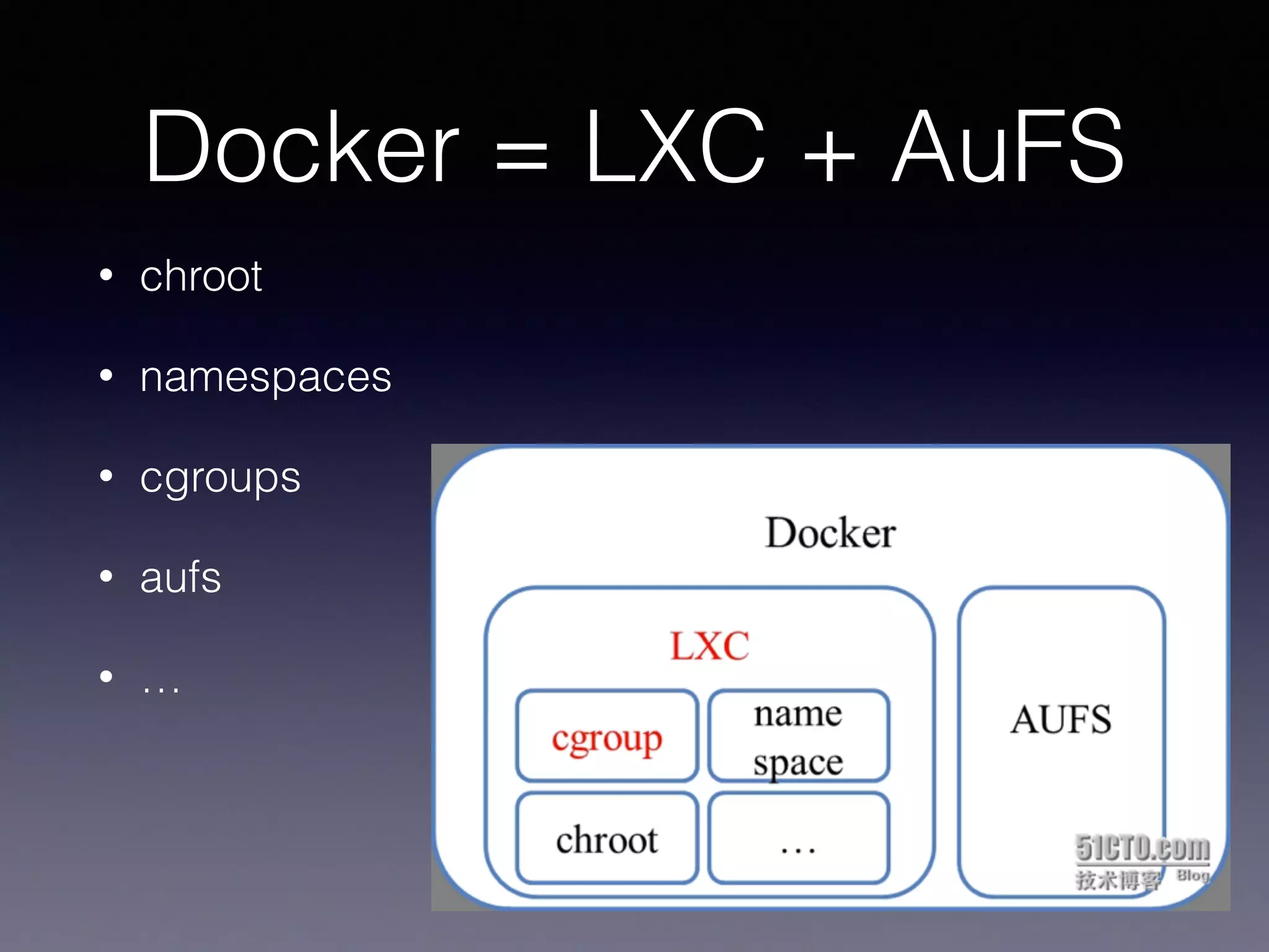 Docker = LXC + AuFS
• chroot
• namespaces
• cgroups
• aufs
• …
 