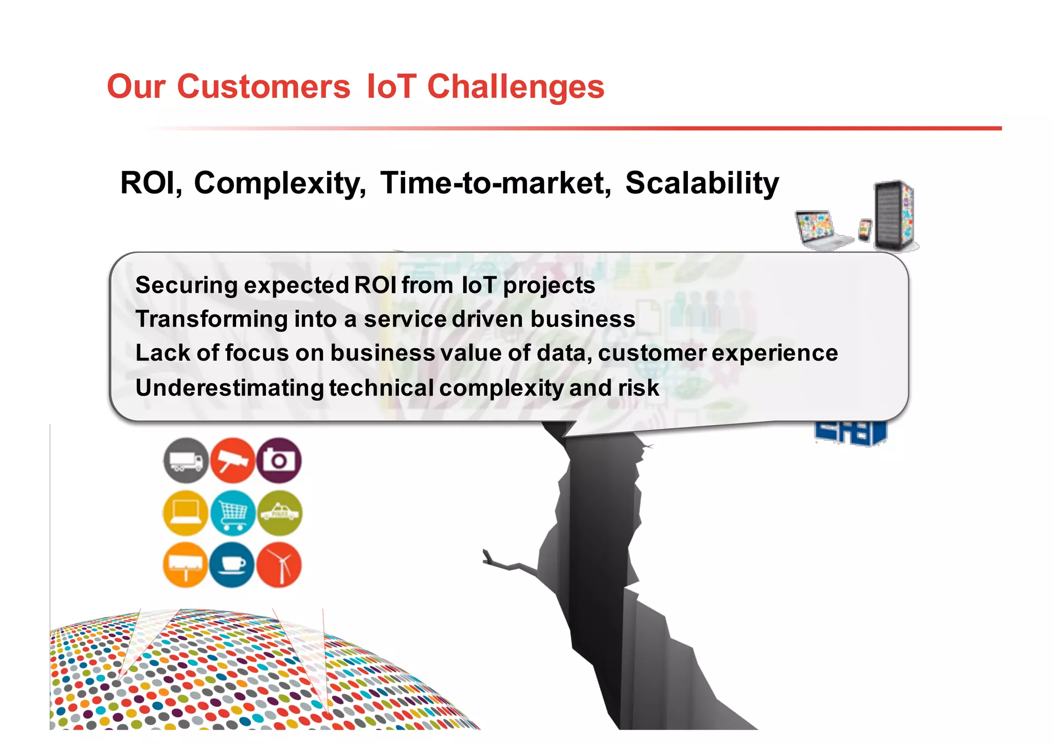 20
Our Customers IoT Challenges
ROI, Complexity, Time-to-market, Scalability
Securing expected ROI from IoT projects
Transforming into a service driven business
Lack of focus on business value of data, customer experience
Underestimating technical complexity and risk
 