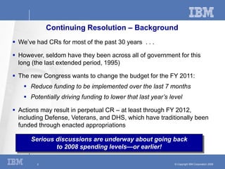 Continuing Resolution – Background
 We’ve had CRs for most of the past 30 years . . .

 However, seldom have they been a...