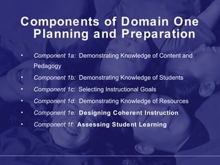 Components of Domain One Planning and Preparation Component 1a:   Demonstrating Knowledge of Content and Pedagogy Component 1b:   Demonstrating Knowledge of Students Component 1c:   Selecting Instructional Goals Component 1d:   Demonstrating Knowledge of Resources Component 1e:   Designing Coherent Instruction Component 1f:   Assessing Student Learning 