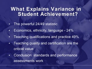 What Explains Variance in Student Achievement? The powerful 24/49 statistic Economics, ethnicity, language - 24% Teaching qualifications and practice 49% Teaching quality and certification are the critical value Conclusion: standards and performance assessments work 