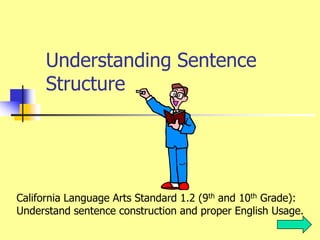 Understanding Sentence
      Structure




California Language Arts Standard 1.2 (9th and 10th Grade):
Understand sentence construction and proper English Usage.
 