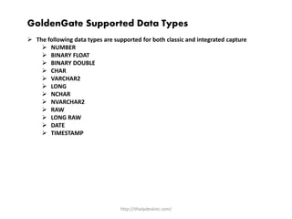 http://ithelpdeskinc.com/
GoldenGate Supported Data Types
 The following data types are supported for both classic and integrated capture
 NUMBER
 BINARY FLOAT
 BINARY DOUBLE
 CHAR
 VARCHAR2
 LONG
 NCHAR
 NVARCHAR2
 RAW
 LONG RAW
 DATE
 TIMESTAMP
 