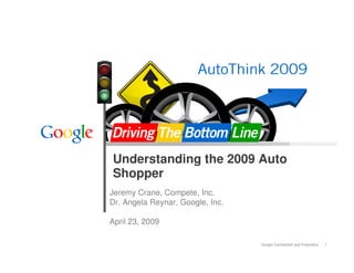 Understanding the 2009 Auto
Shopper
Jeremy Crane, Compete, Inc.
Dr. Angela Reynar, Google, Inc.

April 23, 2009

                                  Google Confidential and Proprietary   1
 