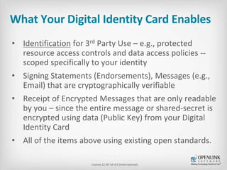 What Your Digital Identity Card Enables 
• Identification for 3rd Party Use – e.g., protected 
resource access controls an...