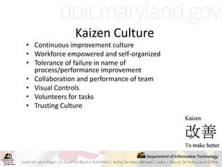 Kaizen Culture
• Continuous improvement culture
• Workforce empowered and self-organized
• Tolerance of failure in name of
process/performance improvement
• Collaboration and performance of team
• Visual Controls
• Volunteers for tasks
• Trusting Culture
 