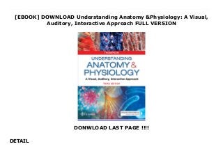[EBOOK] DOWNLOAD Understanding Anatomy &Physiology: A Visual,
Auditory, Interactive Approach FULL VERSION
DONWLOAD LAST PAGE !!!!
DETAIL
PDF Understanding Anatomy &Physiology: A Visual, Auditory, Interactive Approach How do you learn A&Pbest? Whatever your learning style...by reading, listening, or doing, or a little bit of each...the 3rd Edition of this new approach to anatomy &physiology is designed just for you. Tackle a tough subject in bite-sized pieces. A seemingly huge volume of information is organized into manageable sections to make complex concepts easy to understand and remember. You begin with an overview of the body, including its chemical and cellular structures, then progress to one-of-a-kind portrayals of each body system, grouped by function. Full-color illustrations, figures, sidebars, helpful hints, and easy-to-read descriptions make information crystal clear. Each unique page spread provides an entire unit of understanding, breaking down complex concepts into easy-to-grasp sections for today's learner. The integration of graphics and text is very engaging for learners. Thompson silences the academic distractions found in traditional A&Ptextbooks and emphasizes all the 'take away points' in a concise and informative manner. The task of learning A&Pis now less threatening. --Jason Johnson, Saskatchewan Institute of Applied Science and Technology My students absolutely love the Thompson A&Pbook. It is concise and makes learning the material seem less daunting. It really hits all learning styles with the pictures, videos, text and workbook. I have seen a significant increase in student success since we implemented this book! --Shayna Turner RN, MS, Isabella Graham Hart School of Practical Nursing The numerous graphics are vivid and relevant allowing the student to focus on the concept rather than multiple paragraphs of reading. The Life Lesson inserts further engage the student by placing covered concepts into real-world situations. Understanding Anatomy &Physiology is both instructor and student friendly. -- Nanette Mosser, RMA, BA-HCM, MedQuest College
 