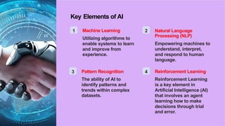 Key Elements of AI
1 Machine Learning
Utilizing algorithms to
enable systems to learn
and improve from
experience.
2 Natural Language
Processing (NLP)
Empowering machines to
understand, interpret,
and respond to human
language.
3 Pattern Recognition
The ability of AI to
identify patterns and
trends within complex
datasets.
4 Reinforcement Learning
Reinforcement Learning
is a key element in
Artificial Intelligence (AI)
that involves an agent
learning how to make
decisions through trial
and error.
 