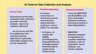 AI Tools for Data Collection and Analysis
Survey Tools
AI-powered survey tools
streamline data collection
and offer real-time
analysis, improving
research efficiency
•An AI survey tool like
SurveyMonkey uses
machine learning
algorithms to generate
actionable insights from
survey responses.
Predictive Modeling
AI assists
researchers in
forecasting trends
and outcomes,
aiding decision-
making in various
fields. For example:
• In finance, AI
models like
ARIMA
(AutoRegressive
Integrated Moving
Average) analyze
historical data to
predict stock
market trends.
Statistical Analysis
Tools like IBM SPSS
and RapidMiner use
AI for automated
statistical analyses,
ensuring accuracy in
data interpretation.
• IBM SPSS
Statistics employs
AI algorithms for
complex statistical
analyses, such as
regression, factor
analysis, and
cluster analysis.
 