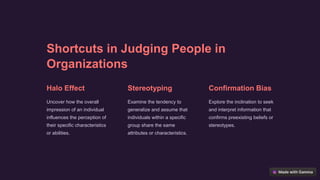 Shortcuts in Judging People in
Organizations
Halo Effect
Uncover how the overall
impression of an individual
influences the perception of
their specific characteristics
or abilities.
Stereotyping
Examine the tendency to
generalize and assume that
individuals within a specific
group share the same
attributes or characteristics.
Confirmation Bias
Explore the inclination to seek
and interpret information that
confirms preexisting beliefs or
stereotypes.
 