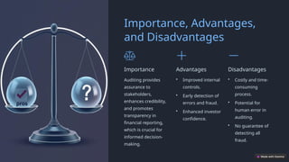 Importance, Advantages,
and Disadvantages
Importance
Auditing provides
assurance to
stakeholders,
enhances credibility,
and promotes
transparency in
financial reporting,
which is crucial for
informed decision-
making.
Advantages
• Improved internal
controls.
• Early detection of
errors and fraud.
• Enhanced investor
confidence.
Disadvantages
• Costly and time-
consuming
process.
• Potential for
human error in
auditing.
• No guarantee of
detecting all
fraud.
 