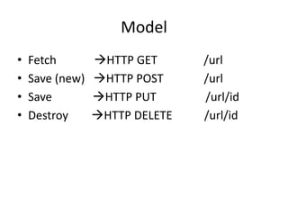 Model
•   Fetch        HTTP GET      /url
•   Save (new)   HTTP POST     /url
•   Save         HTTP PUT      /url/id
•   Destroy      HTTP DELETE   /url/id
 