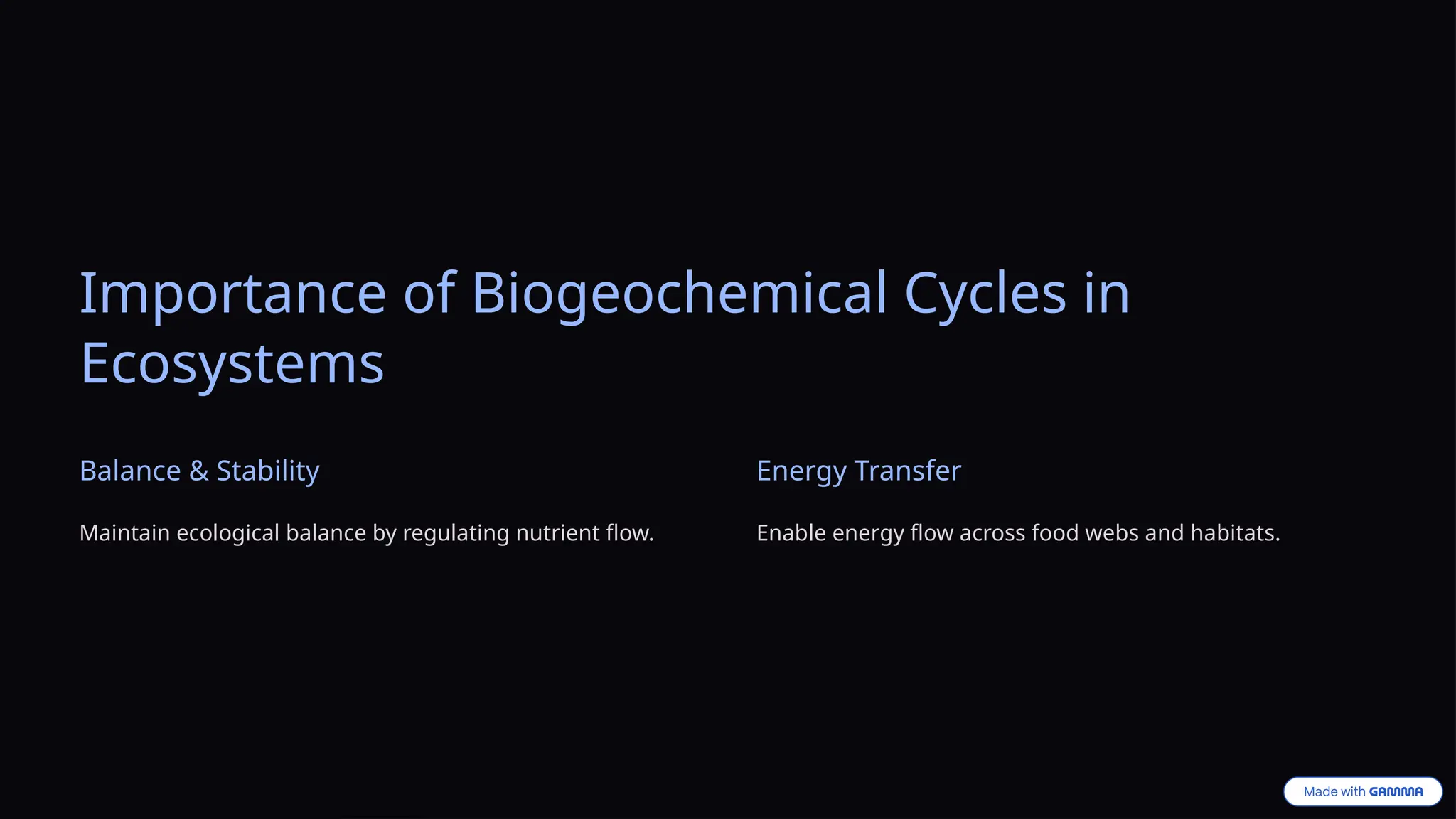 Importance of Biogeochemical Cycles in
Ecosystems
Balance & Stability
Maintain ecological balance by regulating nutrient flow.
Energy Transfer
Enable energy flow across food webs and habitats.
 