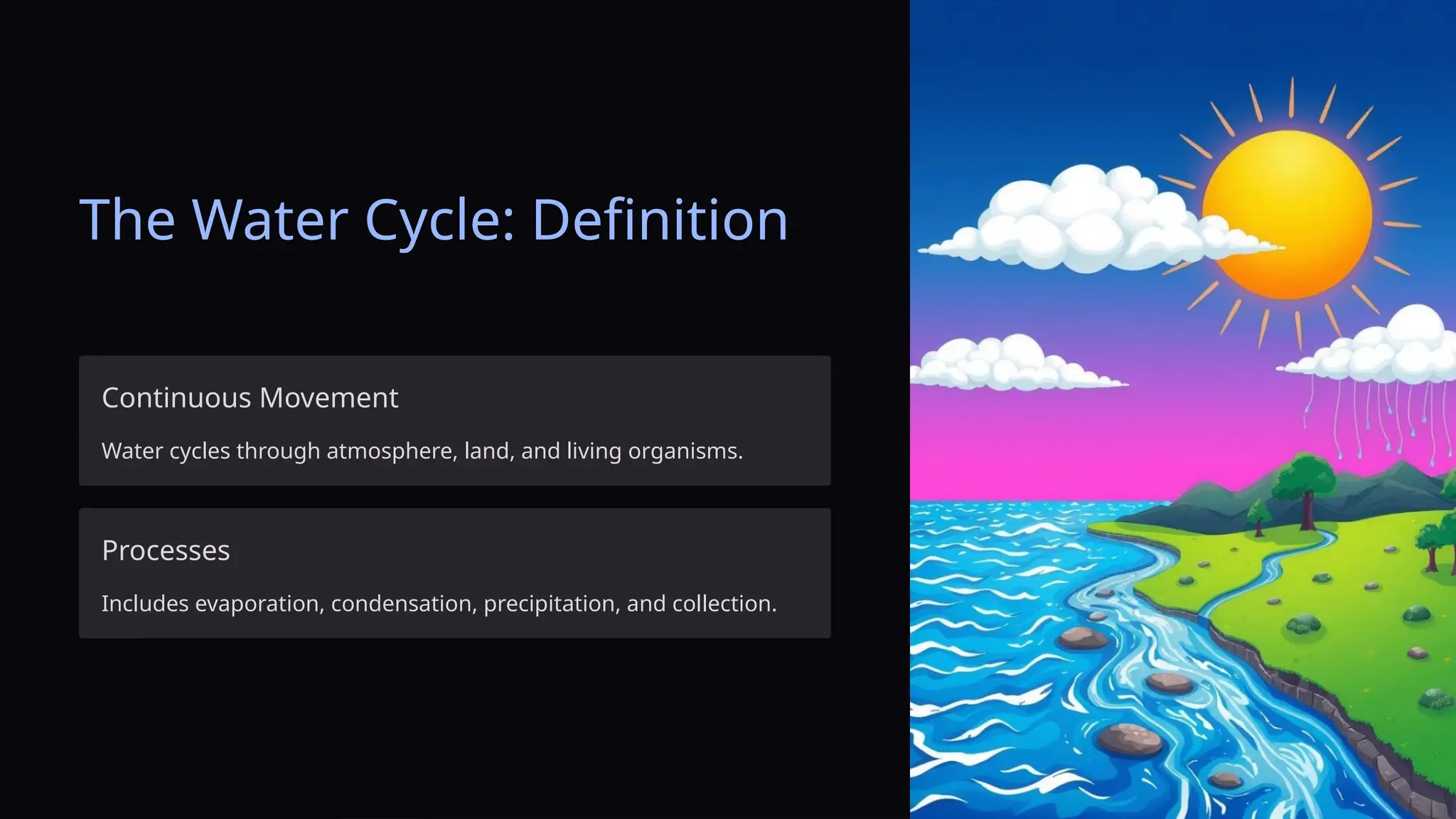 The Water Cycle: Definition
Continuous Movement
Water cycles through atmosphere, land, and living organisms.
Processes
Includes evaporation, condensation, precipitation, and collection.
 