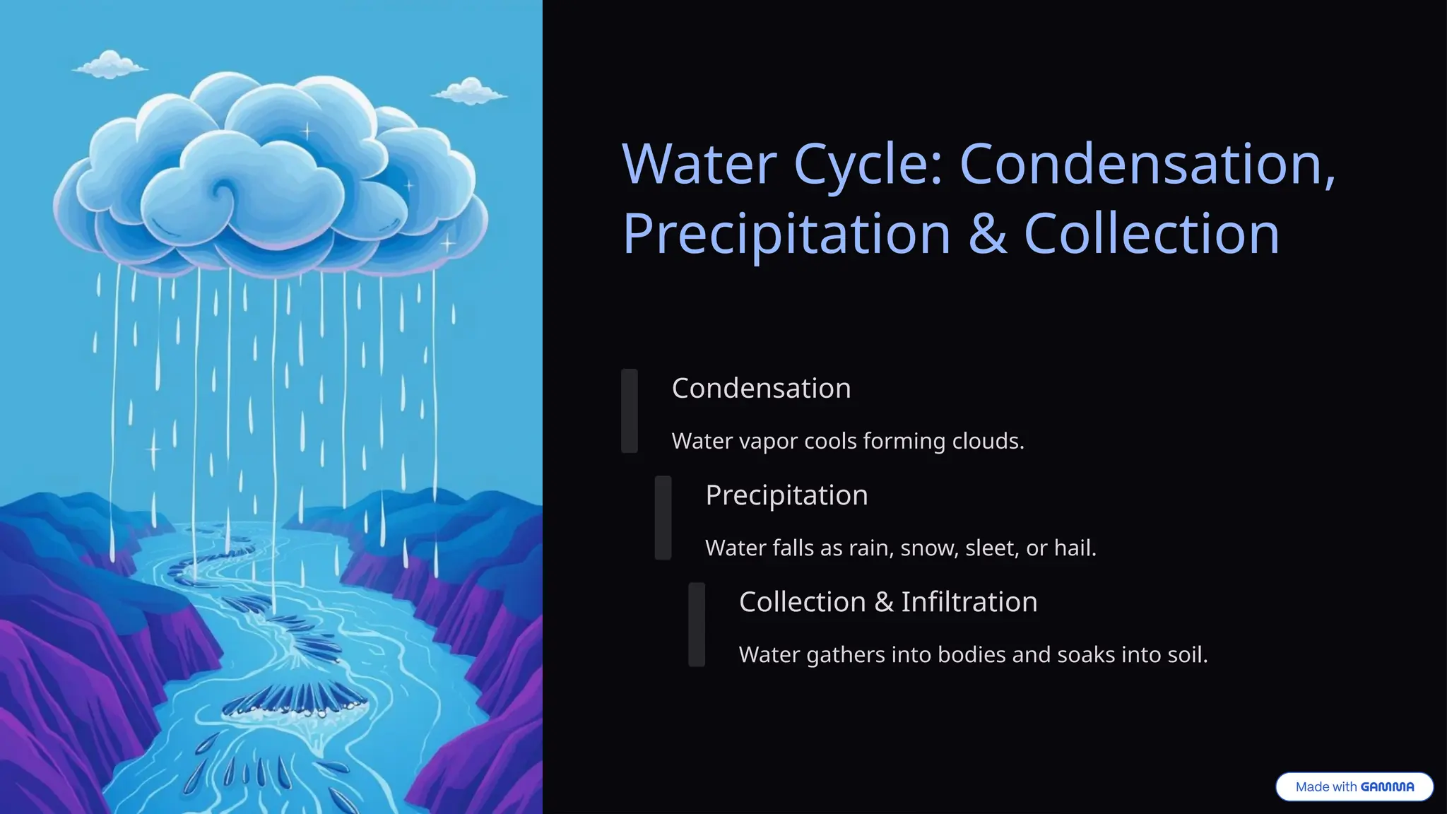 Water Cycle: Condensation,
Precipitation & Collection
Condensation
Water vapor cools forming clouds.
Precipitation
Water falls as rain, snow, sleet, or hail.
Collection & Infiltration
Water gathers into bodies and soaks into soil.
 