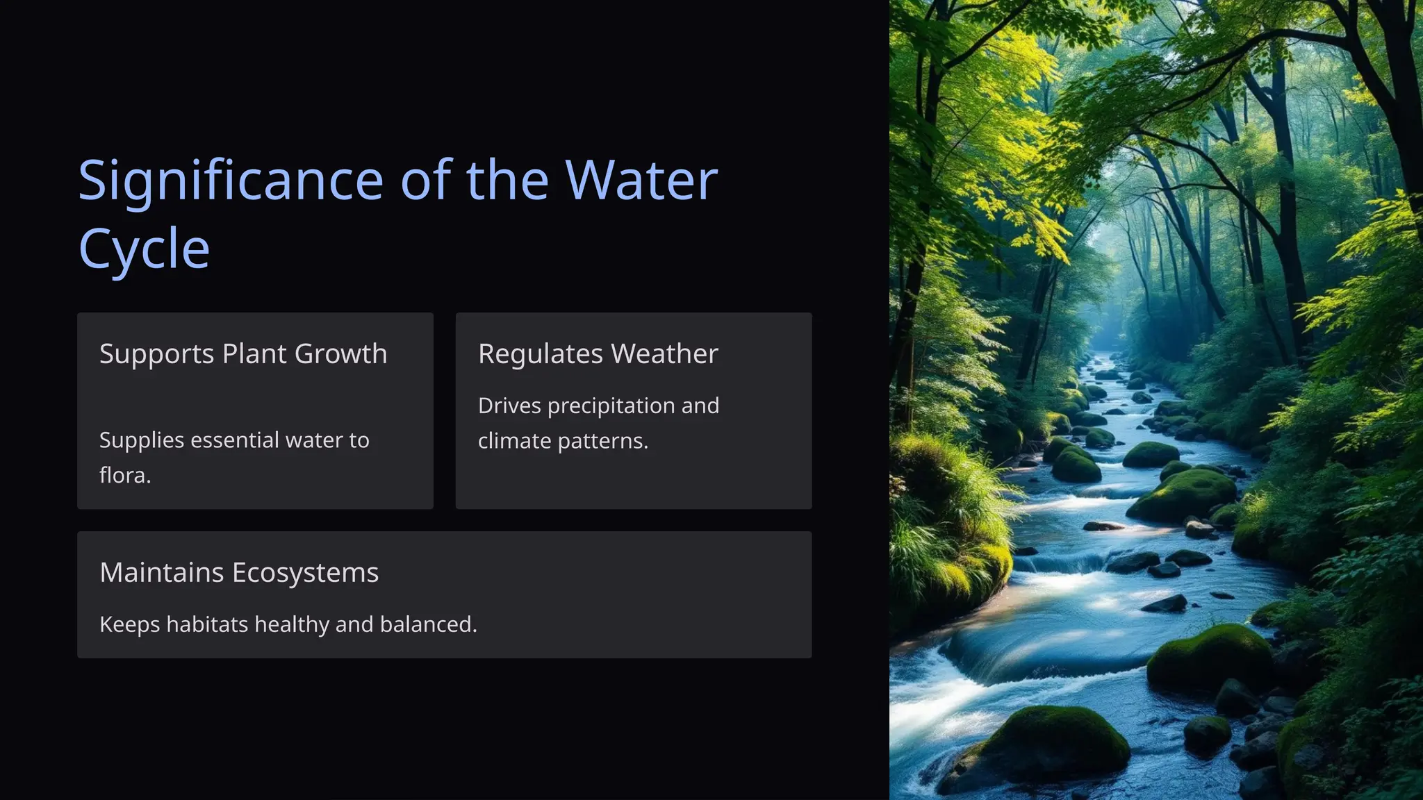 Significance of the Water
Cycle
Supports Plant Growth
Supplies essential water to
flora.
Regulates Weather
Drives precipitation and
climate patterns.
Maintains Ecosystems
Keeps habitats healthy and balanced.
 