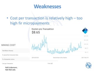 Weaknesses
• Cost per transaction is relatively high – too
high fir micropayments
Rolf Lindemann,
Nok Nok Labs
 