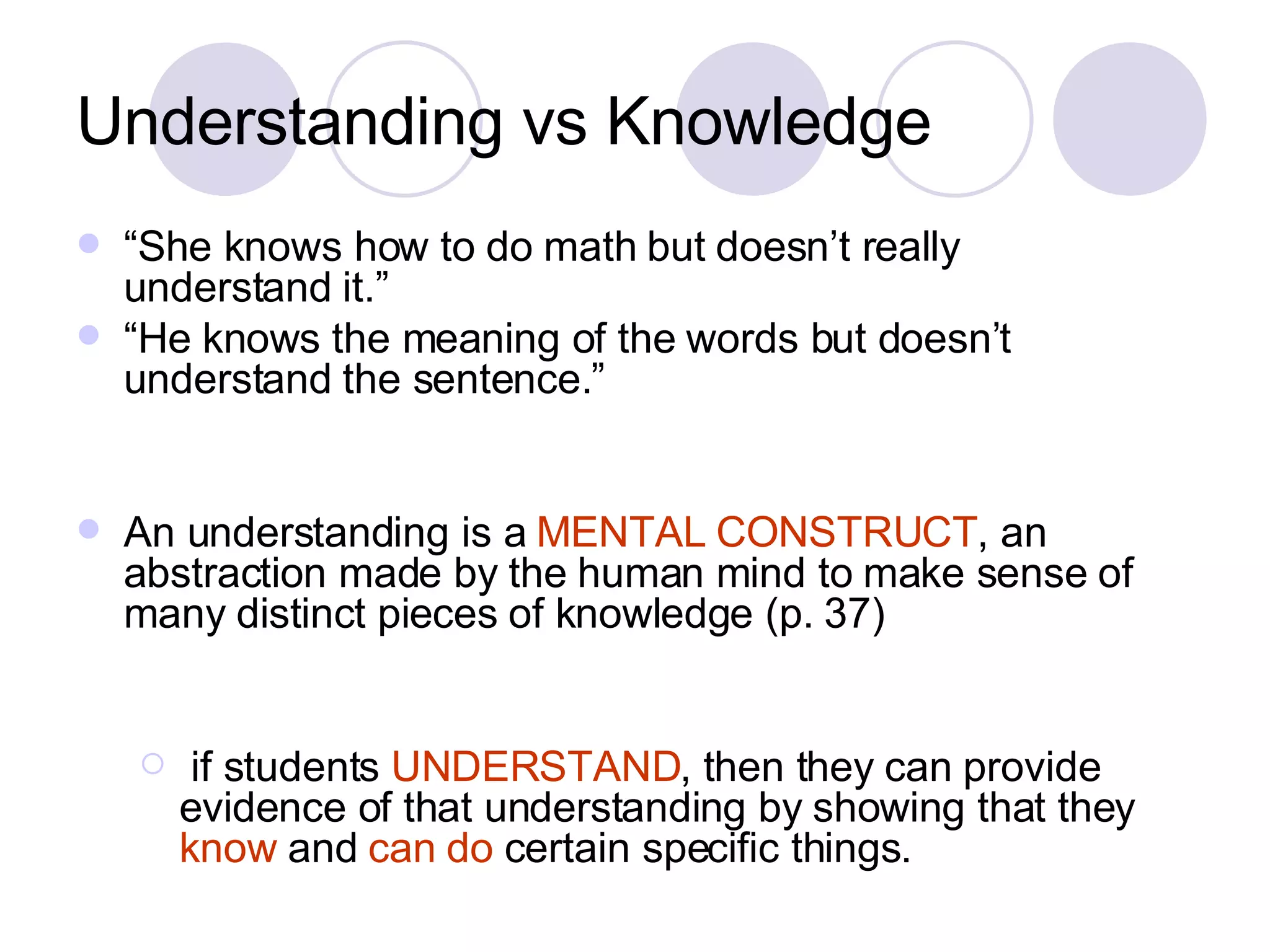 Understanding vs Knowledge “ She knows how to do math but doesn’t really understand it.” “ He knows the meaning of the words but doesn’t understand the sentence.” An understanding is a  MENTAL CONSTRUCT , an abstraction made by the human mind to make sense of many distinct pieces of knowledge (p. 37) if students  UNDERSTAND , then they can provide evidence of that understanding by showing that they  know  and  can do  certain specific things. 