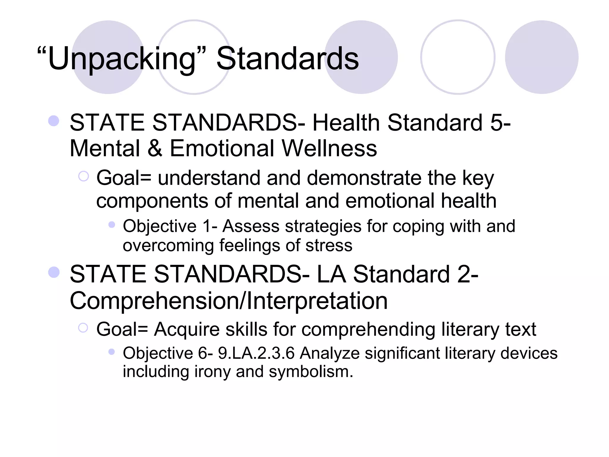 “Unpacking” Standards STATE STANDARDS- Health Standard 5- Mental & Emotional Wellness Goal= understand and demonstrate the key components of mental and emotional health Objective 1- Assess strategies for coping with and overcoming feelings of stress STATE STANDARDS- LA Standard 2- Comprehension/Interpretation Goal= Acquire skills for comprehending literary text Objective 6- 9.LA.2.3.6 Analyze significant literary devices including irony and symbolism.  
