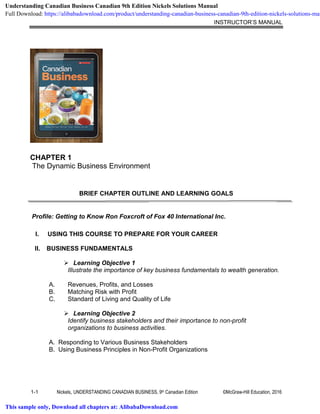 INSTRUCTOR’S MANUAL
1-1 Nickels, UNDERSTANDING CANADIAN BUSINESS, 9th Canadian Edition ©McGraw-Hill Education, 2016
CHAPTER 1
The Dynamic Business Environment
BRIEF CHAPTER OUTLINE AND LEARNING GOALS
Profile: Getting to Know Ron Foxcroft of Fox 40 International Inc.
I. USING THIS COURSE TO PREPARE FOR YOUR CAREER
II. BUSINESS FUNDAMENTALS
 Learning Objective 1
Illustrate the importance of key business fundamentals to wealth generation.
A. Revenues, Profits, and Losses
B. Matching Risk with Profit
C. Standard of Living and Quality of Life
 Learning Objective 2
Identify business stakeholders and their importance to non-profit
organizations to business activities.
A. Responding to Various Business Stakeholders
B. Using Business Principles in Non-Profit Organizations
Understanding Canadian Business Canadian 9th Edition Nickels Solutions Manual
Full Download: https://alibabadownload.com/product/understanding-canadian-business-canadian-9th-edition-nickels-solutions-man
This sample only, Download all chapters at: AlibabaDownload.com
 