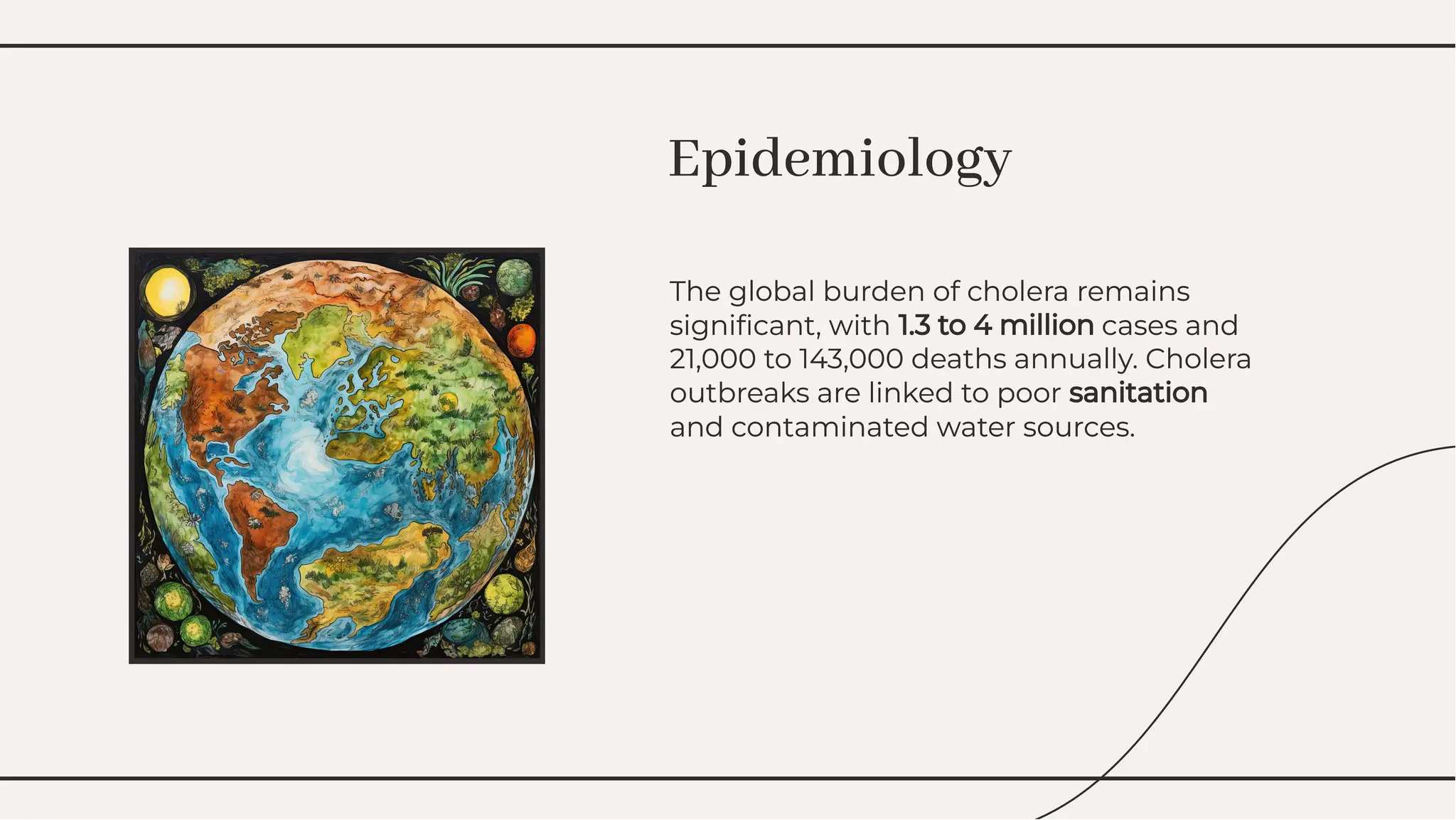 The global burden of cholera remains
signiﬁcant, with 1.3 to 4 million cases and
21,000 to 143,000 deaths annually. Cholera
outbreaks are linked to poor sanitation
and contaminated water sources.
The global burden of cholera remains
signiﬁcant, with 1.3 to 4 million cases and
21,000 to 143,000 deaths annually. Cholera
outbreaks are linked to poor sanitation
and contaminated water sources.
Epidemiology
Epidemiology
 