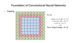 0 0 0 0 0 0 0 0 0 0
0 0
0 0
0 0
0 0
0 0
0 0
0 0
0 0
0 0 0 0 0 0 0 0 0 0
Foundation of Convolutional Neural Networks
 Padding
0 0 0 0 0 0 0 0
0 0
0 0
0 0
0 0
0 0
0 0
0 0 0 0 0 0 0 0
If 𝑝 =2
𝑛𝑜𝑢𝑡 = 𝑛 + 2𝑝 − 𝑓 + 1
= 6 + (2 ∗ 2) − 3 + 1
= 6 + 4 − 3 + 1
= 8
Thus, Output Image = 8 x 8
 