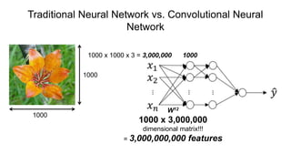 Traditional Neural Network vs. Convolutional Neural
Network
1000
1000
1000 x 1000 x 3 = 3,000,000 1000
W12
1000 x 3,000,000
dimensional matrix!!!
= 3,000,000,000 features
 