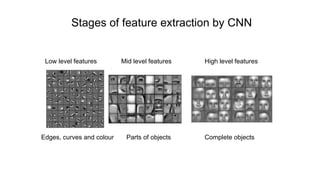 Stages of feature extraction by CNN
Low level features Mid level features High level features
Edges, curves and colour Parts of objects Complete objects
 