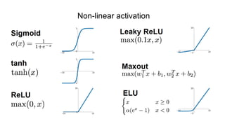 Non-linear activation
 Sigmoid
 ReLU (Rectified Linear Unit)
 