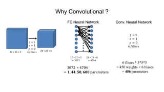 Why Convolutional ?
32 ∗ 32 ∗ 3
𝑓 = 5
𝑠 = 1
𝑝 = 0
6 𝑓𝑖𝑙𝑡𝑒𝑟𝑠 28 ∗ 28 ∗ 6
32 ∗ 32 ∗ 3
= 3072
28 ∗ 28 ∗ 6
= 4704
3072 ∗ 4704
= 𝟏, 𝟒𝟒, 𝟓𝟎, 𝟔𝟖𝟖 parameters
6 filters * 5*5*3
= 450 weights + 6 biases
= 456 parameters
𝑓 = 5
𝑠 = 1
𝑝 = 0
6 𝑓𝑖𝑙𝑡𝑒𝑟𝑠
FC Neural Network Conv. Neural Network
 